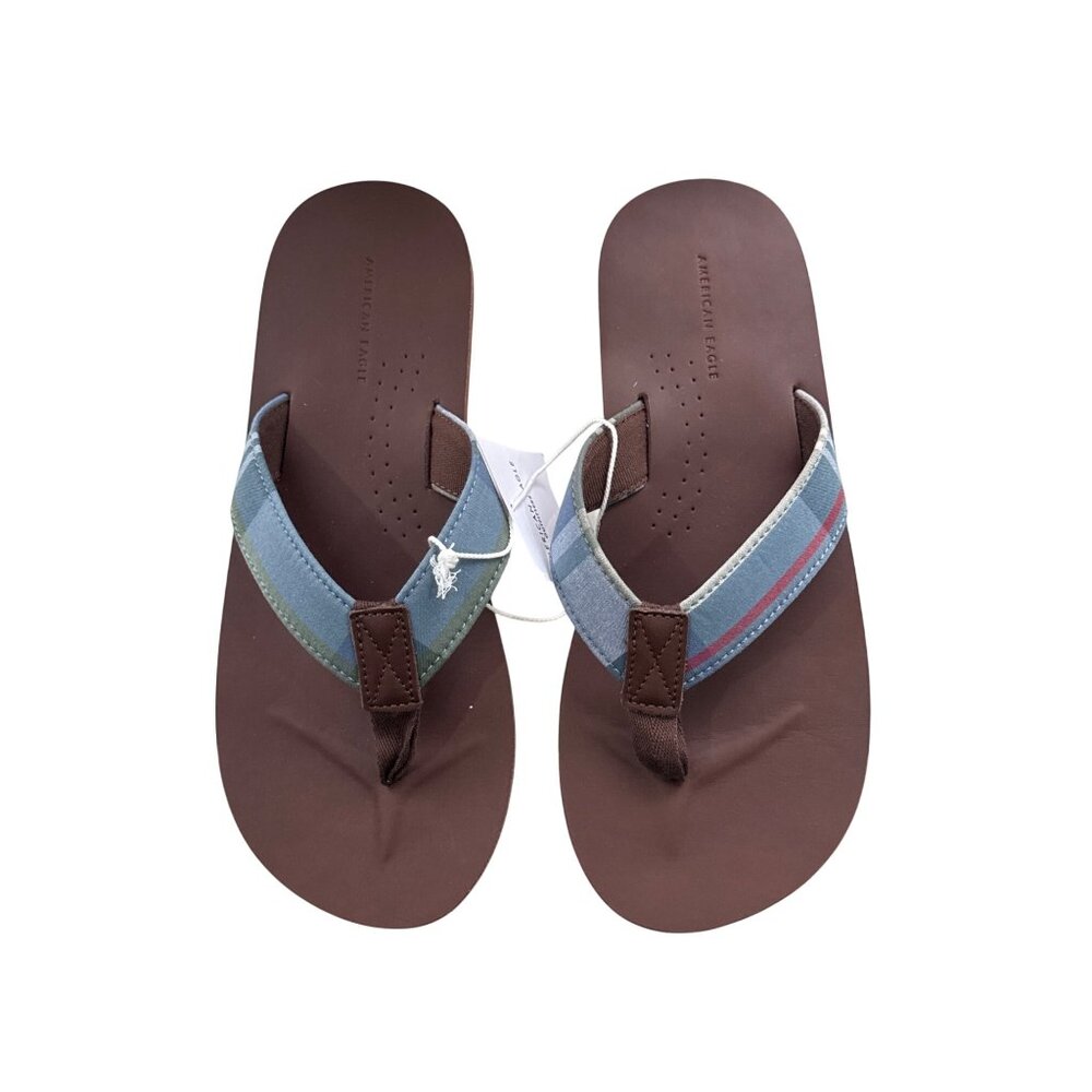 American Eagle Men's Brown Flip-Flops W/ Striped Straps Size 9 New W/ Tags - Picture 3 of 9